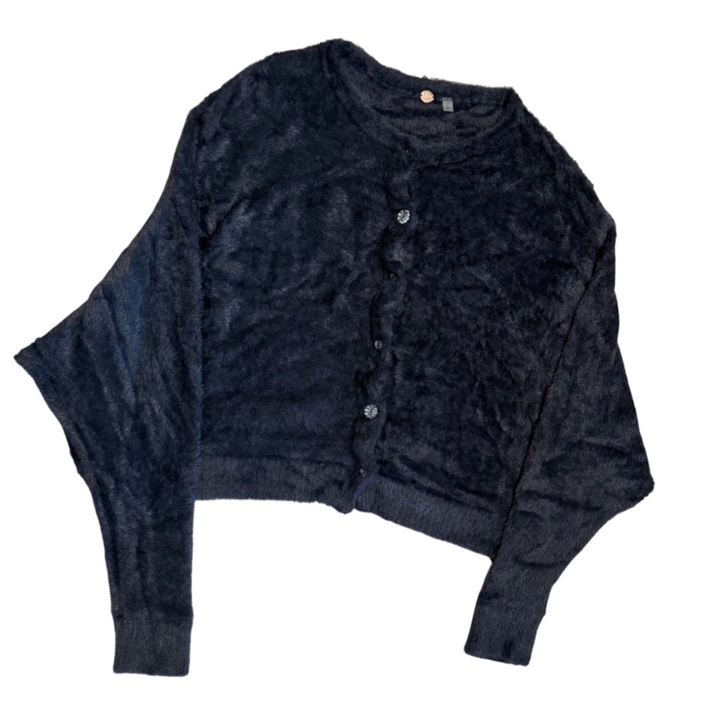 Free People FP One Black Fuzzy Eyelash Knit Batwing Cropped Cardigan Sweater M